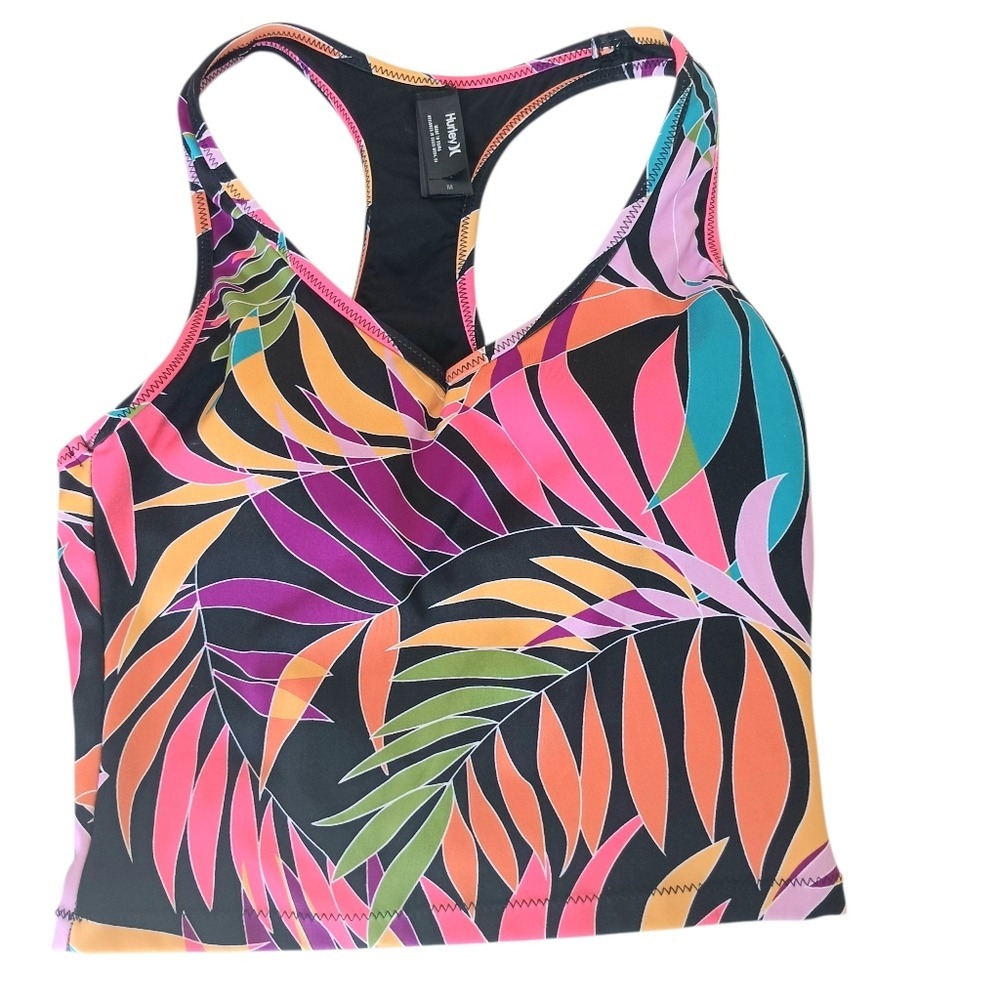 Hurley Max Tropic Dance Tankini Women Size M Black Multi Tropical Racerback NEW